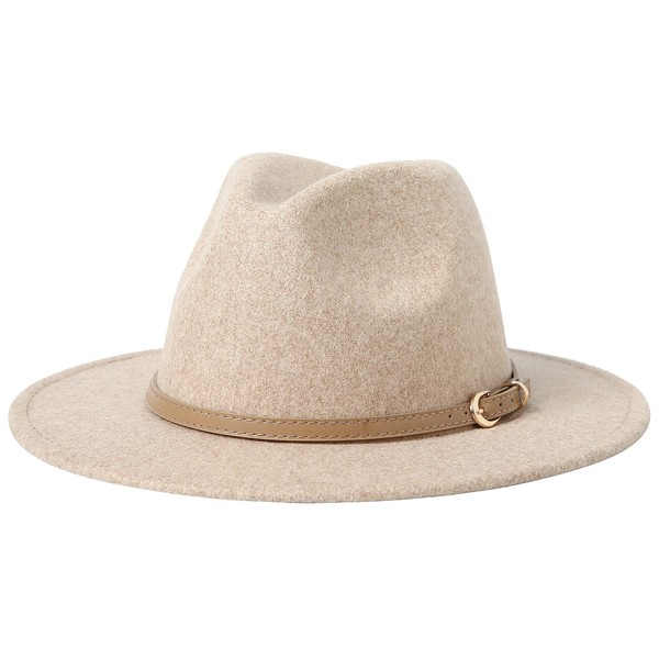 Lanzom Women Lady Classic Wool Fedora Hat with Belt Buckle Felt Wide Brim Panama Hat (01-Beige, One Size)