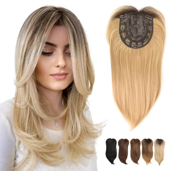 UAmy hair Long Layered Hair Toppers with Curtain Bangs 18inch Ombre Blonde with Dark Root Clip in 6.5 * 6.5inch Large Base Net Synthetic Wiglets Hair Pieces for Women with Thinning Hair