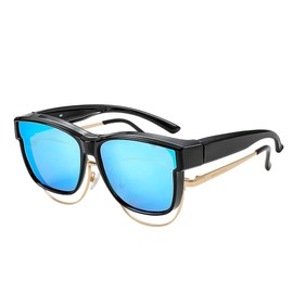 Lumiha Fit Over Sunglasses Polarized UV Protection, Lightweight & Space-Saving for Outdoor Driving, Slimming Unisex Design (Shiny Black Frame, Blue)