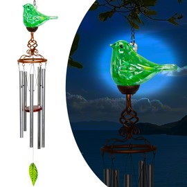 Naboher Wind Chimes, Solar Glass Bird Shape, LED, Outdoor Lawn and Patio Glass and Metal Decoration, 7 x 4 x 44 Inch (Green)