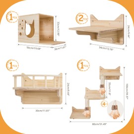 MIUZMORE Wall-Mounted Cat Shelves for Large Cats – 9-Piece Pine Wood Cat Furniture with Scratching Posts, Ladder & House – Indoor Modern Climbing Wall Gym for Cats