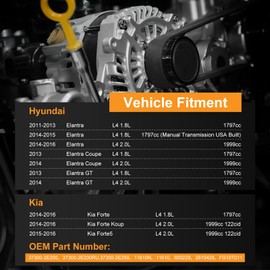 37300-2E200 Alternator 90A 12V Replacement for Soul Hyundai Elantra, Elantra GT, Elantra Coupe, Forte, Forte5, Forte Koup 2011-2017 1.8L 2.0L, High Output 6 Rib Pulley Alternator 373002E200 11610