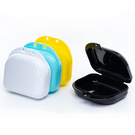 BOOMIBOO Retainer Case with Vent Holes, 4 Pcs Denture Cases, Durable & Similar Mouth Guard Case for Black, White, Yellow and Blue - Tight Snap Lock, Easy to Use