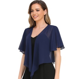 Womens Shrug Chiffon Shawl Wraps Open Front Tie Top Cardigan for Evening Dress(Navy Blue,L-XXL)