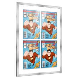 Poster Palooza Comic Book Frame Wall Display with Mat for 4 Bronze Age Comics Published Between 1970 and 1985 - Silver Comic Frame for 7.25x10.5 Comics