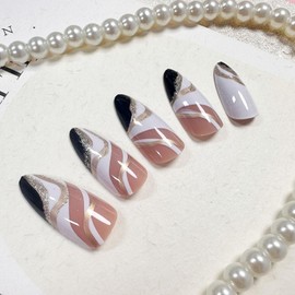 Almond Press on Nails Short Fake Nails White False Nails Press ons with Designs Gold Glitter Black Glue on Nails Glossy Full Cover Acrylic Nails Artificial Stick on Nails for Women Decorations 24Pcs