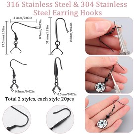 SUNNYCLUE 1 Box 40Pcs Black French Earring Hooks with Pinch Bails Clasp Stainless Steel Earring Hooks Bulk Ear Wire Fishhook Earwires Earrings Findings for jewellery Making DIY Dangle Earrings