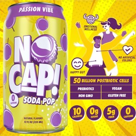 New! NO CAP! Passion Fruit, Prebiotic, Postbiotic Soda, Gut Soda, 5g Fiber, Zero Sugar, Caffeine Free, Vegan, Low Calorie, 12pk, 12oz, Next-Gen Soda