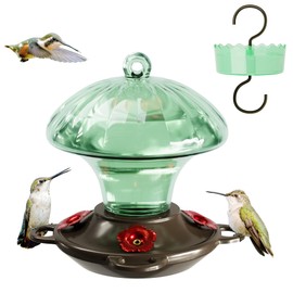 Hummingbird Feeder, Auslar 15 Ounces Glass Hummingbird Feeders for Outdoors Hanging Ant and Bee Proof, Ant Moat & 4 Flower Feeding Ports, Rustproof, Leakproof, Mushroom Shape, Green