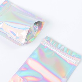 QQ Studio 100 Double-Sided Rainbow Holographic Stand Up Resealable Packaging Bags for Beauty Supplies and Makeup (18x26cm (7.1x10.2"), Silver Holographic)