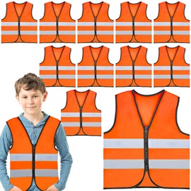 10 Pcs Kids High Vis Vest, Children’s Safety Vests Bulk with Reflective Strips, Orange High Visibility Jackets with Zipper for Aged 3-10 Toddler Boys Girls Cycling Running Preschool