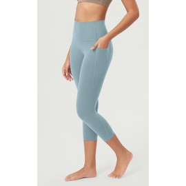 ODODOS 2-Pack Buttery Soft Lounge Yoga Leggings with Pockets for Women, 23" Cropped Length High Waist Yoga Pants, Black+Chambray, Medium