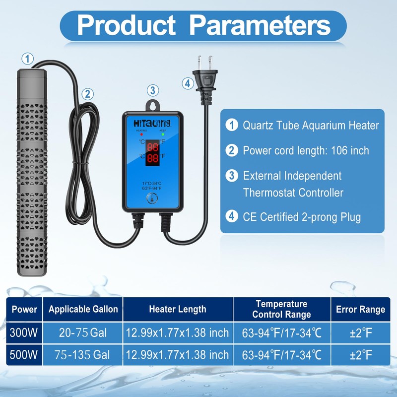 HiTauing Aquarium Heater, Upgraded 300W/500W Fish Tank Heater with Intelligent