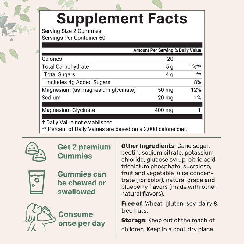 Magnesium Glycinate Gummies 400mg Per Serving, 120 Count | Natural