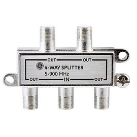 GE 4-Way Coaxial Cable Splitter, 5-900 MHZ Range, RG59 RG6 Coax Compatible, Audio, Video, Works with HD TV, Cable, Amplifiers, Amplified Antennas, Nickel, Corrosion Resistant, 35047