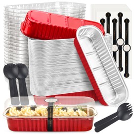 NPLUX Mini Loaf Pans with Lids and Spoons Rectangular Aluminum Foil Baking Pans Mini Cheesecake Containers 6.8oz(60 Pack, Red)
