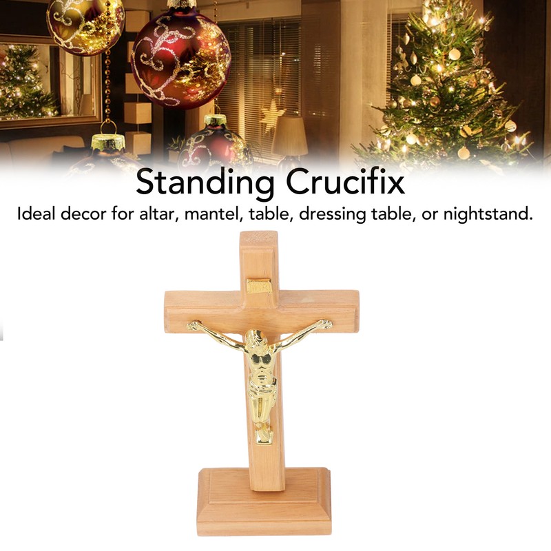 Crucifix Table Cross Hand Crafted Light Brown Durable Beech Metal