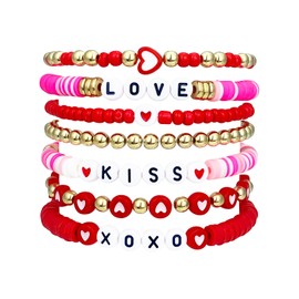 YBMYCM 7pcs Valentine's day Bracelet for Women Clay Bead Bracelet Heishi Surfer Bracelets Set Love Heart Cute Pink Red Stackable Stretch Bracelets for Valentines Day