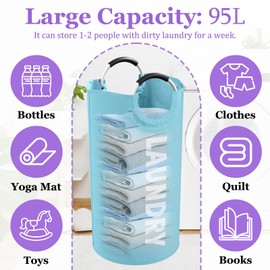 IHOMAGIC 95L Foldable Laundry Basket with Handles, Big Clothes Hamper for Bedroom, Dirty Clothes Basket Stand Upright, Portable Laundry Bag for Flat, Nursery, Family, Blue