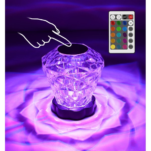 Aiscool Crystal Lamp, Touching Control Rose Crystal Lamp 16 RGB Colours and Dimer Night Light, Rechargeable Diamond Bedside Table Lamp Remote Control, LED Atmosphere Desk Lamp for Bedroom Living Room