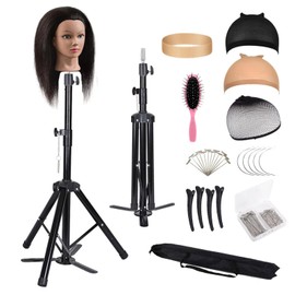 Upgraded Wig Stand Tripod, 55" Heavy Duty Reinforced Adjustable Mannequin Head Stand Tripod for Styling Cosmetology Hairdressing Training, Metal Wig Head Stand Holder with Wig Caps,Paddle Comb T-Pins (55" Black Tripod with Pedal)