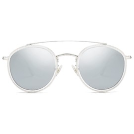 SOJOS Retro Vintage Round Polarized Sunglasses for Women Men Small Double Bridge Circle Sunnies SJ1104, Silver/Silver