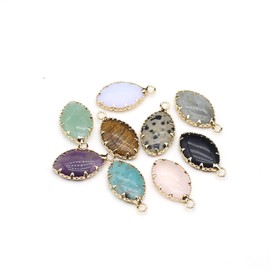 LHJ 10 Pcs Natural Stone Pendants Polished Oval Shape Hollow Edge Crystal Agate Charms for Jewelry Making Necklace Bracelet Earrings