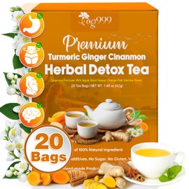 TOG999, 20 Tea Bags of Ginger, Turmeric and Cinnamon, Upgraded Version, 100% Natural, Hand-made Blend of Ginger, Turmeric, Cinnamon, Orange Peel, Black Pepper, Stevia Leaves, Jasmine. No Sugar, Vegan.