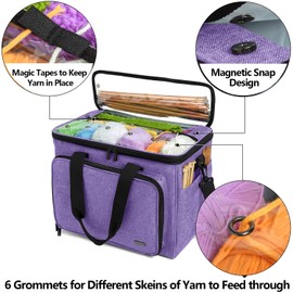 Teamoy Knitting Bag, Yarn Tote Organizer with Inner Divider (Sewn to Bottom) for Crochet Hooks, Knitting Needles(Up to 14”), Project and Supplies, Purple -No Accessories Included