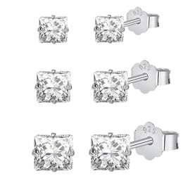 HinDaLi 3 Pairs 925 Sterling Silver Earrings for Men Square Earrings Men earrings Silver Stud Earrings Women Earrings Studs Square Stud Earrings Set Diamond Earrings Girls Cartilage Silver Earrings