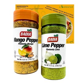 Badia Mango Pepper & Lime Pepper Set for Grilling, Cooking & Seasoning from Black Peppercorns - 6.5 oz Each - Campester Shrimp Tacos Recipe Card. Grilling Gifts, Best Seasonings and Spices for Cooking