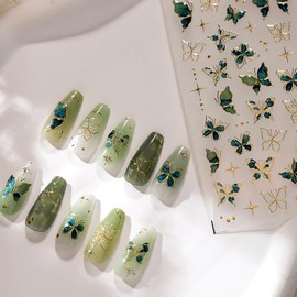 Butterfly Nail Art Stickers – 5D Embossed Light Green Butterfly Designs, Adhesive Decals for DIY Manicure, Cute Accessories for Women & Girls