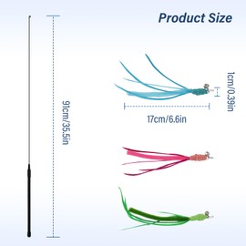 Andiker Cat Wand Toy, 3pcs Setaria Cat Feather Toys Refills with Bell and a 35.8'' Long Flexible Steel Wire Rod, Interactive Cats Toys for Indoor Cats Doing More Exercise and Enjoy Playtime