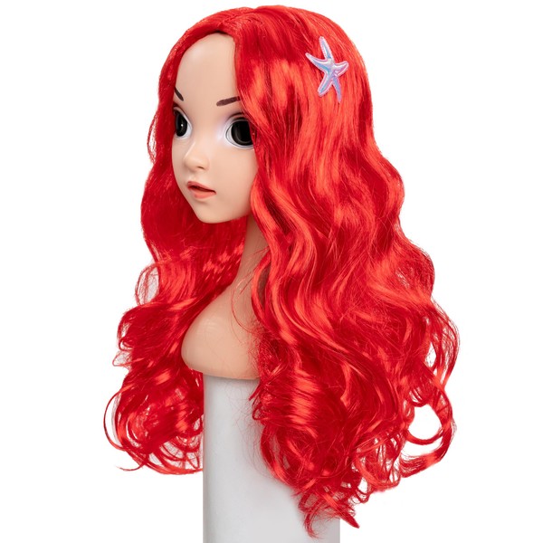 Funna Mermaid Wig Princess Costume with Starfish Hairpin Halloween Cosplay Mommy and Me Red