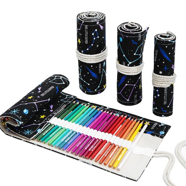 DIYOMR 24/36/72 Slots Pencil Wrap Pencil Rolls, Artist Colored Pencils Roll Up Bag Short Brushes Pouch Case Pencils Organizer for Drawing Coloring and Sketching (Constellation, 72slots)