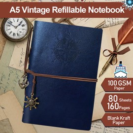 Joy & Inspiration PU Leather Notebook A5 with Refillable Kraft Paper Vintage Refillable Bound Beautiful Travel Diary Ring Binder Sketch Book Vintage Notebook (A5 Dark Blue)
