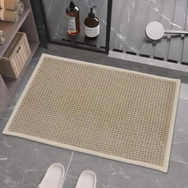 YCT Non-Slip Bath Mat，Chenille Rubber Bathroom Rug，Super Absorbent Bath Mats for Bathroom，16"x24" Thin Bathroom Mat for Under Door，Quick Dry Bath Rugs for Bathroom Floor， Beige
