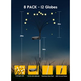 Solar Garden Lights - 8 Pack 12 LED Solar Firefly Lights with 2 Lighting Mode, Sway by Wind, Waterproof Solar Decorative Lights, Solar Outdoor Lights for Yard Patio Walkway Decoration, Warm White