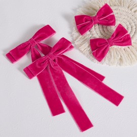Velvet Ribbon Hair Bows Clips 4pc Assorted Colors 2 Sizes 4.5" & 3.14" Long Tail Dress Bow Alligator Barrettes,School Uniform Ponytail Accessory for Girls Kids Teens Women Gift Set (Hot Pink)