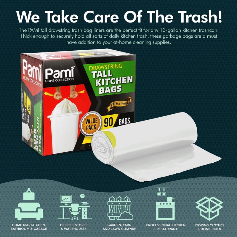 PAMI Tall 13-Gallon Kitchen Drawstring Trash Bags [90-Pack, White] -