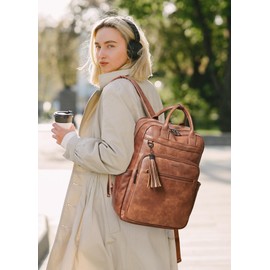 Shrrie Laptop Backpack for Women 15.6 inch Travel Leather Backpack Purse Work Computer Backpacks for Business College Brown