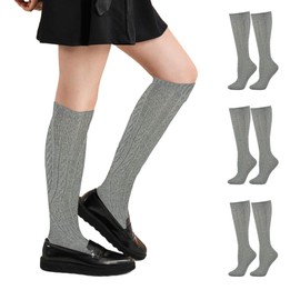 Sierra Socks Girl's Women's Classic Cable Knit School Uniform Outdoor Wear Cotton Knee High Socks 3 Pair Pack (Heather Gray, Small)