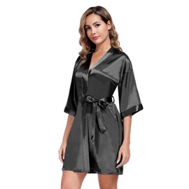 GOODSALEOK Silky Satin Robe for Women Lightweight Short Kimono Pajamas Bride Bridesmaids Sleepwear Soft Nightgown Black-S