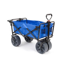 MacSports All Terrain Beach Wagon with Side Table|Heavy Duty Collapsible Folding Cart with Large Wheels for Beach Day, Picnic, Camping,Outdoor Activities | Blue/Black