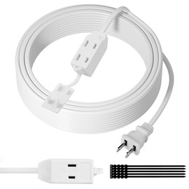 Cable de extensión de 2 clavijas de 15 pies, cable de alimentación extra largo con 3 tomacorrientes, cable plano de salida múltiple con protector de manipulación, listado ETL, interior, blanco -15 pies