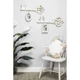 Deco 79 25” x 14.5” Decorative Antique Key & Hanging Picture Frame Wall Decor w/Distressed White Finish (20470)