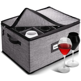 Wine Glass Storage Box with Dividers, Quilted and Stackable Stemware Storage Cases, Service of 12 Glassware Storage Containers, China Storage Containers Hard Shell for Moving and Seasonal Storage