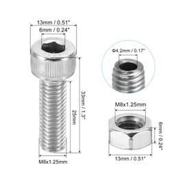PATIKIL M8x25mm 304 Stainless Steel Hollow Bolt, 2 Set Cylindrical Hexagon Socket Screw Nut Kit Lamp Threading Screws Through Hole Fasteners