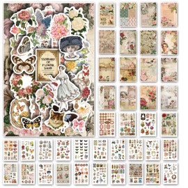 Prstincol Vintage Aesthetic Washi Stickers and Papers for Scrapbooking, 40 Sheets Ephemera Book for Art Journaling with Flower Butterfly Beauty Theme Stickers and Decoupage Papers for Junk Journal