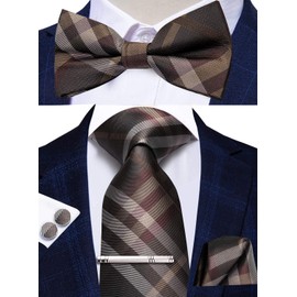 Hi-Tie Men Ties Bowtie Set Silk Necktie Bow Tie Pocket Square Cufflinks Set with Silver Tie Clip or Flower Lapel Pin,Brown Set